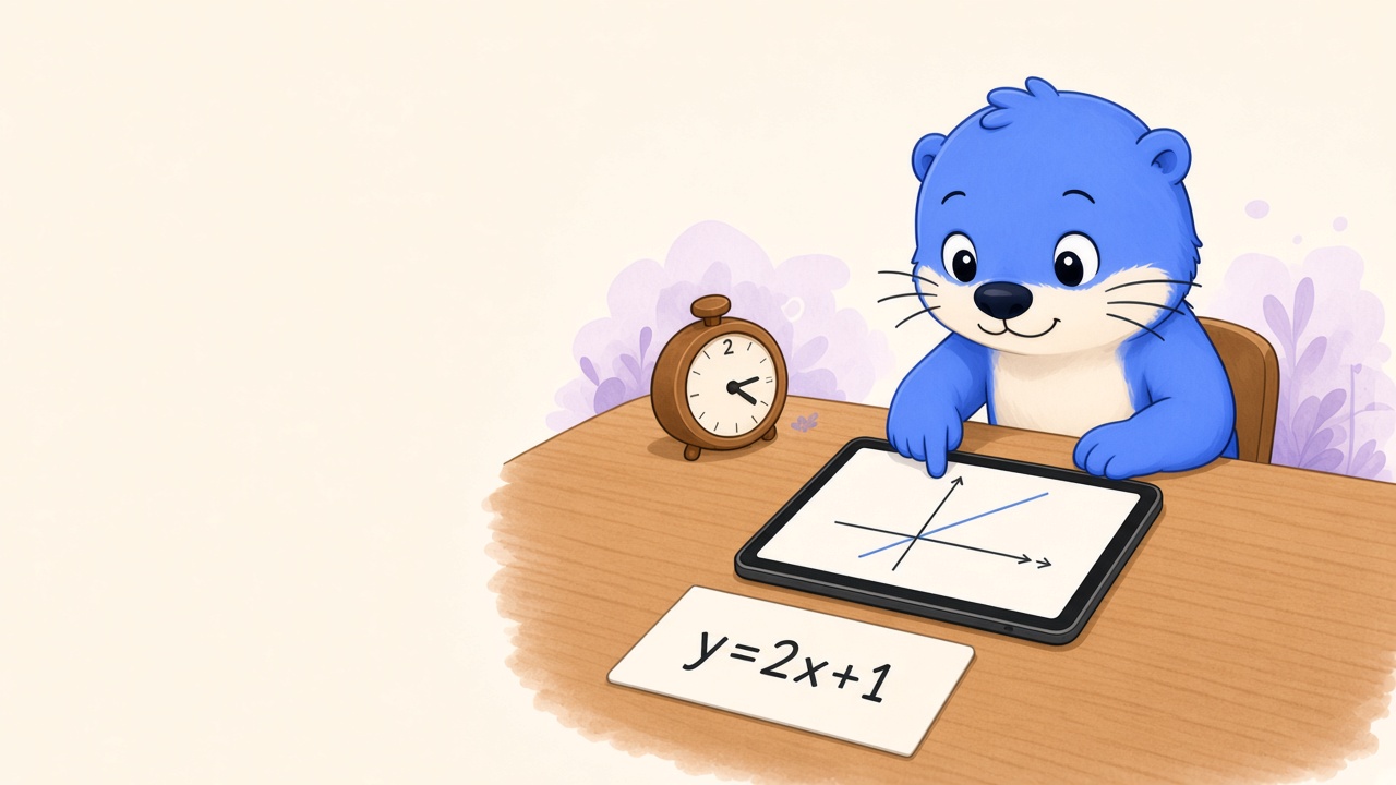 Pax looking at a simple coordinate graph on a tablet with a linear equation card on the desk