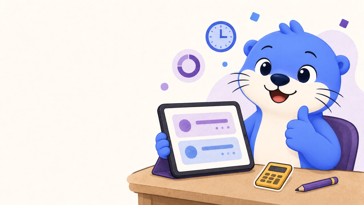 Pax the otter holding a tablet with two Digital SAT modules and a calculator on the desk