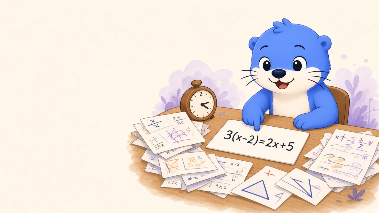 Pax pointing at one linear equation card while mixed SAT math worksheets sit unused behind him