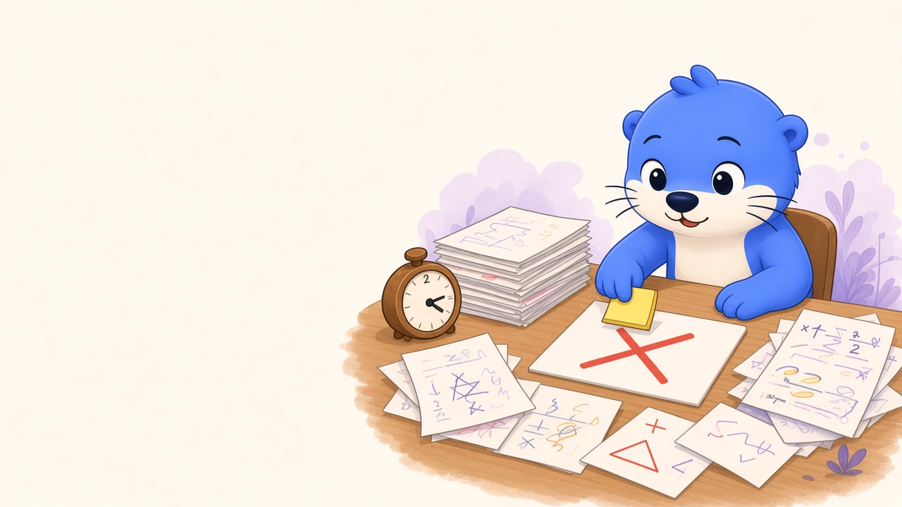 Pax tagging one marked worksheet while a stack of unused mixed sheets sits behind him
