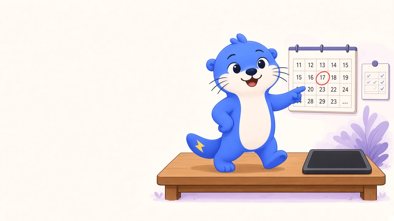 Pax pointing at a circled calendar date and a small weekly plan card on the desk